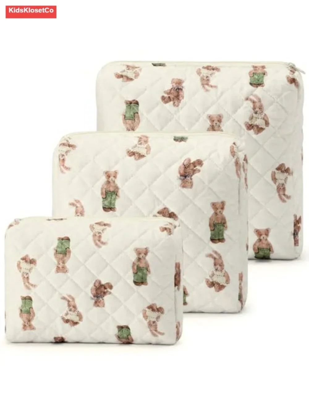 Quilted Cotton 3-Piece Diaper Bag Organizer Pouch Set with Bear Print